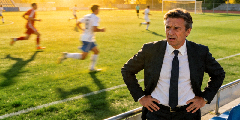 足球教练在场边指挥，表情专注